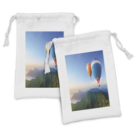 Ambesonne Scenic Summer Fabric Pouch Set of 2, Colorful Hot Air Balloons Flying over Ridges Panoramic Photo, Small Drawstring Bag for Toiletries Masks and Favors, 9" x 6", Azure Blue Multicolor