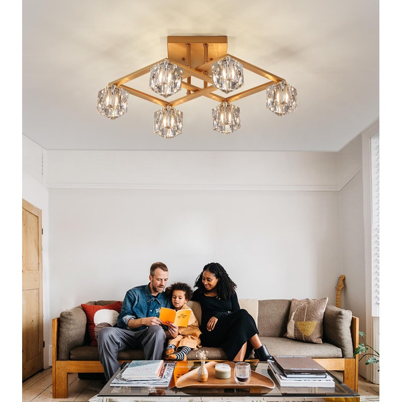 AMZASA Modern Crystal Chandelier,Gold Semi Flush Mount Ceiling Light Antique