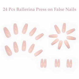 PUSCOBSY Press on Nails Long Coffin Fake Nails Pink Gradient False Nails Nude Ballerina Acrylic Nails Glossy Artificial Stick on Nails for Women and Girls 24PCS