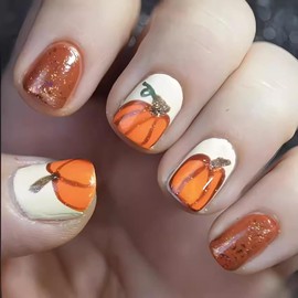 Fall Press on Nails Thanksgiving Pumpkin Fake Nails Short Square Acrylic Nails with Cute Pumpkin Design Artificial Nails Autumn Gold Glitter Glossy Glue on Nails False Nails for Women Girls DIY 24Pcs