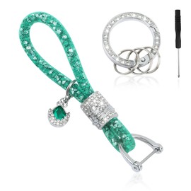 4UNeed Bling Car Keychain with Crystal Key Ring + Mesh Lanyard, Rhinestone D-Ring Car Keychain for Car Decor (Green)