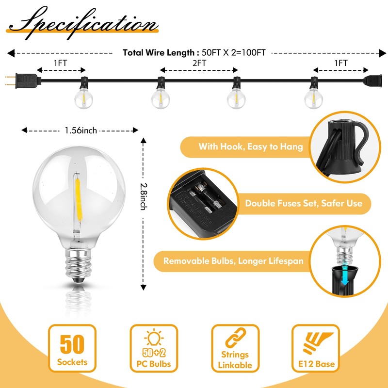 100FT LED Outdoor String Lights Patio Light with 52 Shatterproof