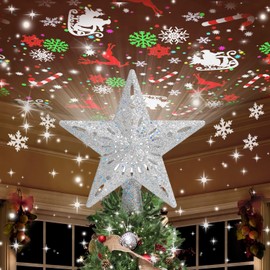 Kesfitt Christmas Tree Topper Lighted with 6 Projection Modes,Christmas Star Tree Topper Built-in LED Rotating Lights,Sliver 3D Glitter Dynamic Projection for Xmas Party Holiday Decorations