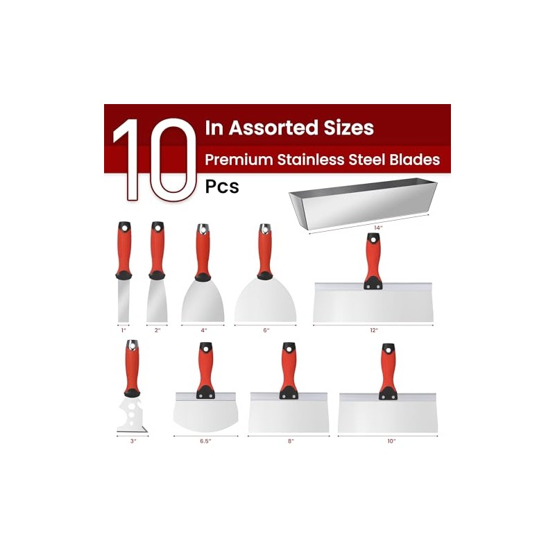 10Pcs Drywall Tool Kit, Stainless Steel Putty Knife Set with