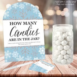 Big Dot of Happiness Winter Wonderland - How Many Cardies Snowflake Holiday Party and Winter Wedding Game - 1 soporte y 40 cartas - Juego de adivinación de caramelos