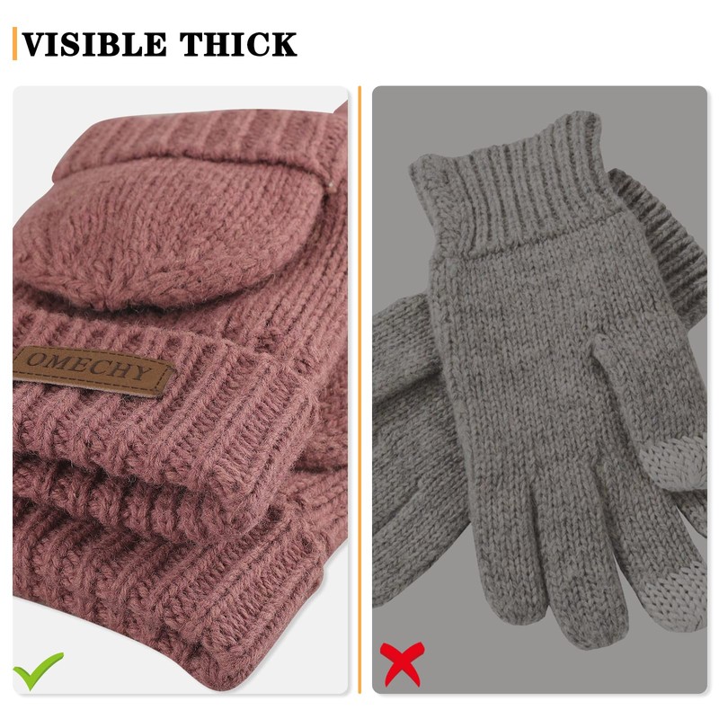 OMECHY Winter Wool Knitted Fingerless Gloves Thermal Insulation Warm Convertible