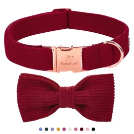 Babole Pet Wine Red Dog Collars for Large Dog,Cute Corduroy Dog Collar with Bow Tie Safety Metal Buckle Adjustable Puppy Collars for Small Medium Boy&Girl Male&Female Dogs,L-Neck 16"-24"