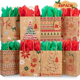 Kiddokids 48 Christmas Gift Bags 7" x 8.65" x 3.15"; 48 Tissue Papers in Green & Red; 48 Gift Tags for Xmas Exchange, Party Favors Goodie Bags.