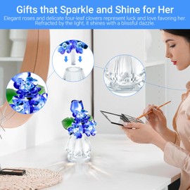 TAODUDU Crystal Rose Flower for Mom, Crystal Flowers Bouquet Figurine Ornament for Wife/Girl Friend Present, Glass Flowers Home Decor Office Table Decoration (Blue)