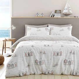 Fusion - Nautical Natural Duvet Cover - Single Bedding Size (140 x 200cm) - Reversible (2 Designs) - Seaside/Sailing Boats Duvet Cover - Natural & White Bedding with Coastal Theme - Beach Huts Bed Set