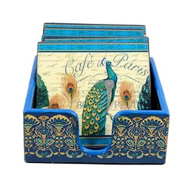 Handmade Peacock Design MDF Wooden Coaster Set with Holder Stand with Enamel Coating for Home Kitchen, Office Desk (Set of 6, 4 inch)
