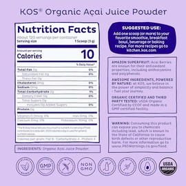 KOS Polvo de acai orgánico – Polvo antioxidante natural – Abundante de polifenol, sin azúcar, sin gluten, sin OMG, 12 onzas, 120 porciones
