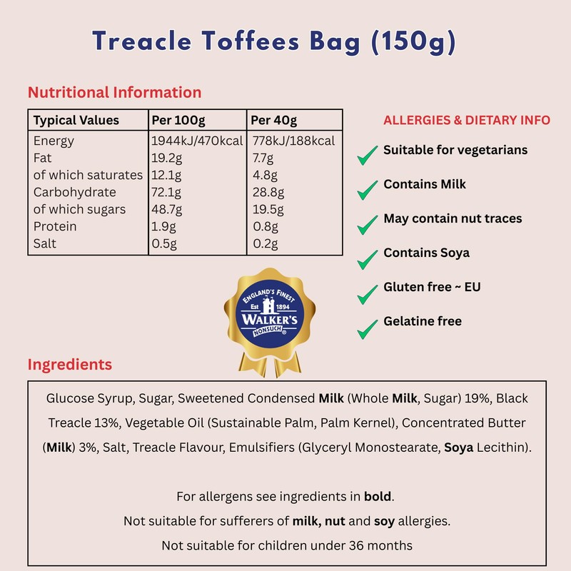 Walkers Nonsuch Treacle Toffees Bag 5.29 oz (Pack of 3)