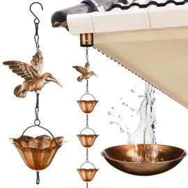 MorningRo 8.5ft Rain Chains for Gutters Outside with Anchor Basin 12 Cups Hummingbird Rain Chain Catcher Lotus Downspout Replacement Adjustable Metal Garden Rainwater Divert for Eaves Drainage