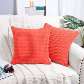 BRAWARM Pack of 2 Cozy Throw Pillow Covers Cases for Couch Sofa Home Decoration Supersoft Corduroy Corn Striped with Piping Both Sides 18 X 18 Inches Living Coral