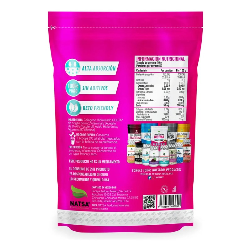 NATSA Biotina Colageno Acido Hialurónico y Vitamina E Polvo 500