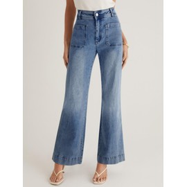 Cicy Bell Womens Wide Leg Jeans High Waisted Cuffed Hem Baggy Denim Flare Pants with Front Pockets