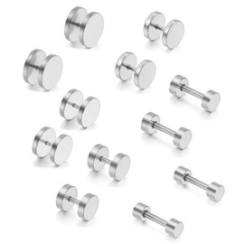 Aroncent 12PCS 6 Pairs 4-14mm Stainless Steel Black Tapers Cheater Faux Fake Ear Plugs Gauges Stud Earrings Set (silver)