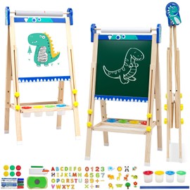 Kids Art Easel, Wooden Art Easel with Paper Roll,Foldable Double-Sided Easel for Kids with Whiteboard & Chalkboard,Height-Adjustable Art Easel for Kids with Numbers and Other Accessories