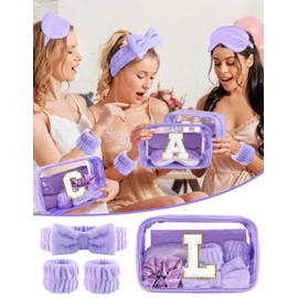 Gift Sets for Women, Initial Makeup Bag with Makeup Brush Set Bachelorette Party Favors, Purple Spa Kit with Skincare Headbands Wrist Bands Sleepover Party Supplies Gifts for Teen Girls Bridesmaid L