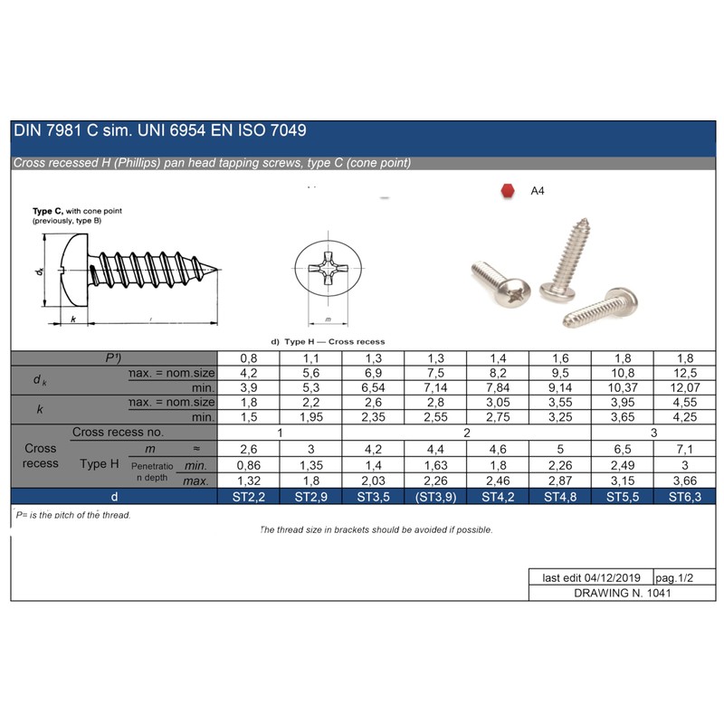 4.8mm x 32mm Pozi Pan Self-Tapping Screws - Marine Grade