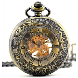 Infinite U Dual Time Display Hollow Skeleton Unisex Pendant Necklace Steel Mechanical Pocket Watch -Bronze