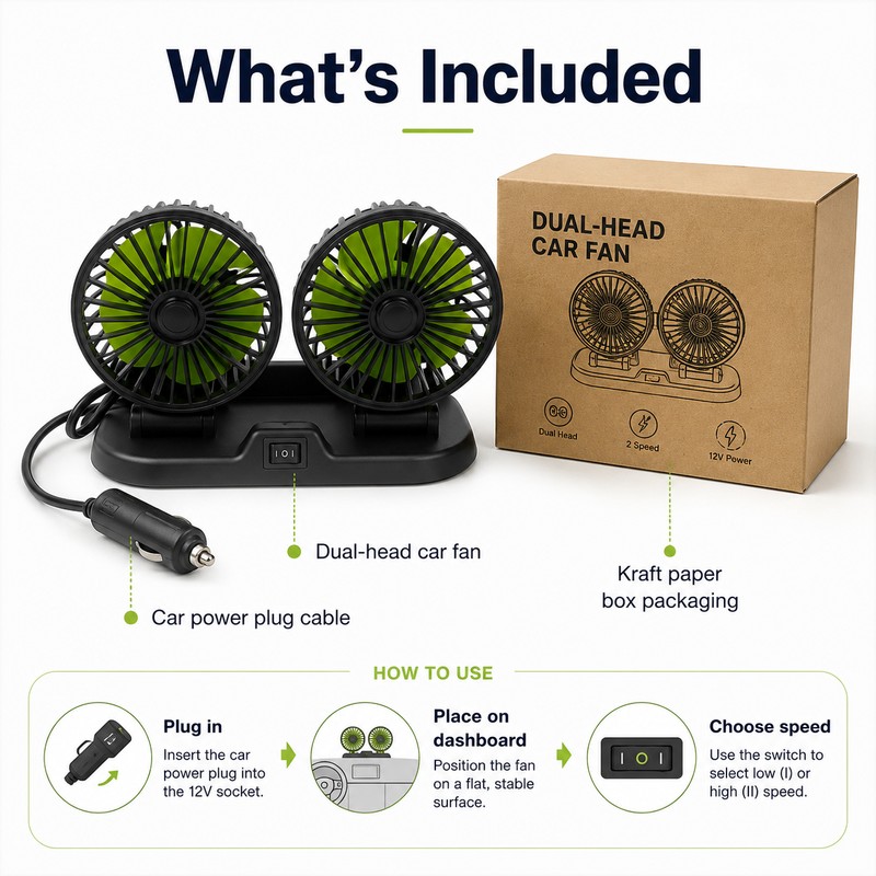 Dual-Head Car Cooling Fan – 2-Speed Adjustable USB Auto Air