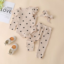 Baby Girl Clothes Infant Girls Outfits 3PC Rib Frill Long Sleeve Romper Pants Headband Set (Apricot, 9-12 Months)