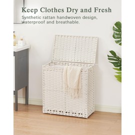SETVSON Laundry Hamper with Lid Wicker Laundry Basket 112 L (29.6 Gal) Laundry Hampers Handwoven Rattan Laundry Hamper with Handles 3 Removable Laundry Bag, 6 Mesh Bags for Bathroom Bedroom White