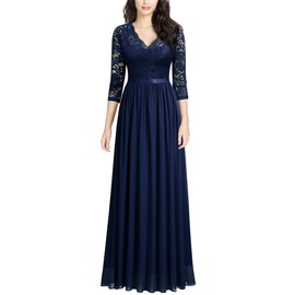 MISSMAY Women's Vintage Floral Lace V Neck Evening Bridesmaid Formal Long Dress (X-Large, Navy Blue)