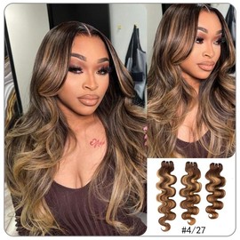 [Wequeen] Brown Highlight Body Wave Human Hair Bundles Brazilian 100% Human Hair Budget Friendly 10A Grade Viral Hair Bundles FB30 P4/27 - Color: 4/27, Length: 26" 1pcs