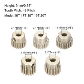 Rebower 5Pcs 48P Pinion Gear Set 16T 17T 18T 19T 20T for 3.175 mm Shaft Aluminium Alloy Pinion Gear with Screws for RC Motor