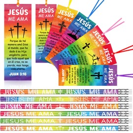 60 Pcs Spanish Jesus Loves Me Gifts Include 30 Jesus Me AMA Pencils 30 Sunday School Vbs Bookmarks Christian Juan 3:16 Religious Bible Verse Pencil Cross Bookmark Back to School Gifts for Church