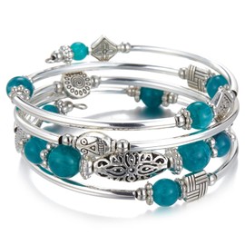 BULINLIN Beaded Silver Bangle Wrap Bracelet for Her, Layered Bohemian Bracelets with Natural Stone, Jewellery Gifts for Women Ladies (Sea green)