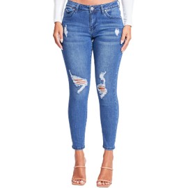 YMI Women's Juniors Mid-Rise Wannabettabutt Skinny Jeans, Medium Blue Rips, 3