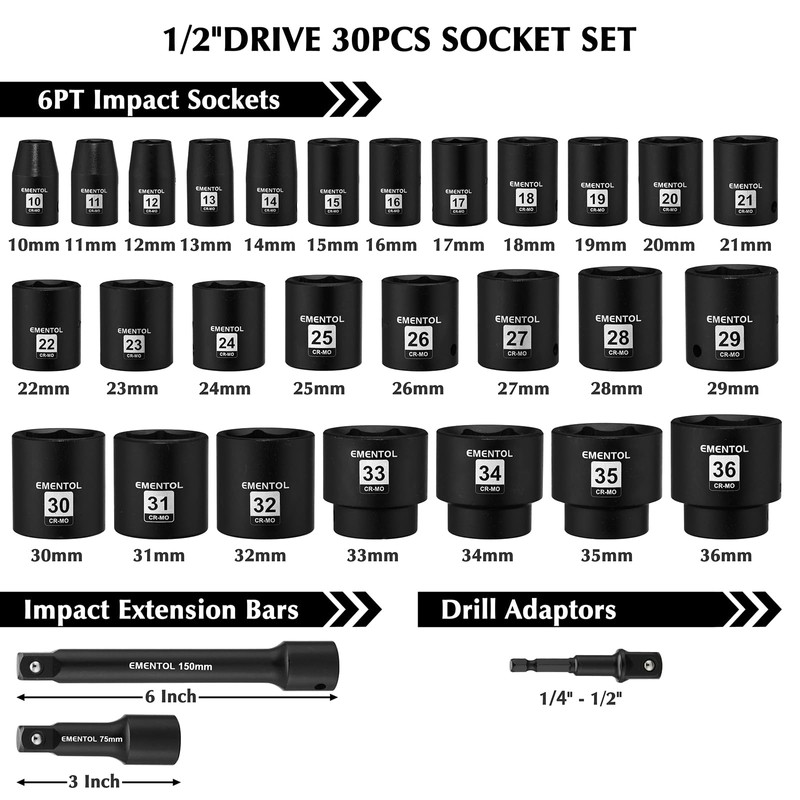 EMENTOL 30PCS 1/2" Drive Standard Impact Socket Set, CR-MO, Metric,