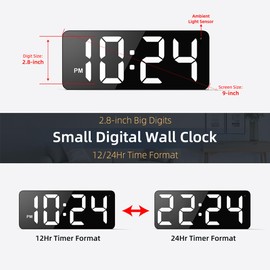 LED Digital Wall Clock with Large Display, Big Digits, Auto-Brightness, 12/24Hr Format, Modern Electric Small Silent Wall Clock for Living Room, Bedroom, Classroom, Farmhouse, Kitchen, Office - White