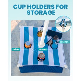 OutdoorMaster Beach Umbrellas with Sandbag & Anchor with 4 Cup Holder, 6.5ft Adjustable Umbrella for Beach Heavy Duty Wind, Portable UPF50+ Sunshade with Carry Bag for Patio,Blue with Cup Holder