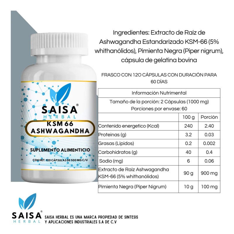 Saisa Herbal Ksm 66 Manejo Del Estres 120 Cáp Premium