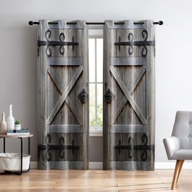 Renaiss Rustic Wood Barn Door Blackout Curtains, Gray Farmhouse Wooden Door Print Curtains for Living Room, Western Retro Grommet Bedroom Window Curtains, 42W x 84L inch / 2 Panel Set