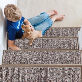 Stair Treads Non Slip for Wooden Steps Indoor, 15 Pack 8" X 30" Self-Adhesive Stair Carpet Mats with TPE Backing, 0.3" Thick Carpet Stair Treads for Kids Elders and Pets Orange Pink