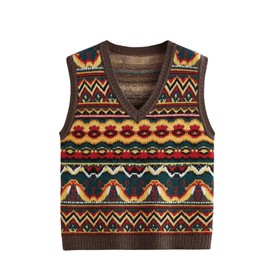 BEAUDRM Men's Tribal Print Sweater Vests V Neck Sleeveless Knitted Tank Tops Streetwear Brown Medium