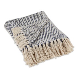 DII Modern Zig Zag Throw Blanket Woven Cotton, Hand-Knotted 2.5" Fringe, 50x60, Nautical Blue
