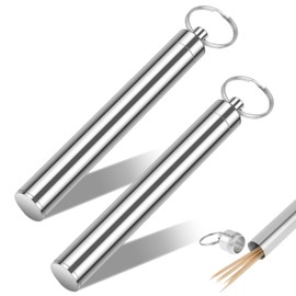 QZKJQDD 2 Pcs Toothpick Holder Metal Portable, Pocket Waterproof Case Toothpicks Container with Keychain, Mini Toothpick Dispenser for Storage Toothpick Needle Pill Swab for Camping Travel Picnic