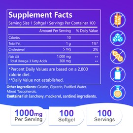 Novafun Omega-3 Fish Oil 1000 mg Softgels, Omega-3, EPA, DHA, Joint, Brain, Vision, Heart, 100 Day Supply - 100 ct