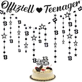 AHEJIOO Deko 13. Geburtstag Junge Mädchen, Offizielle Teenager Geburtstagsdeko Set, 13. Geburtstagsdeko Banner, Glitzer-Girlande für Kuchen-Deko - 13. Geburtstag mit Funkelsternen (Schwarz)