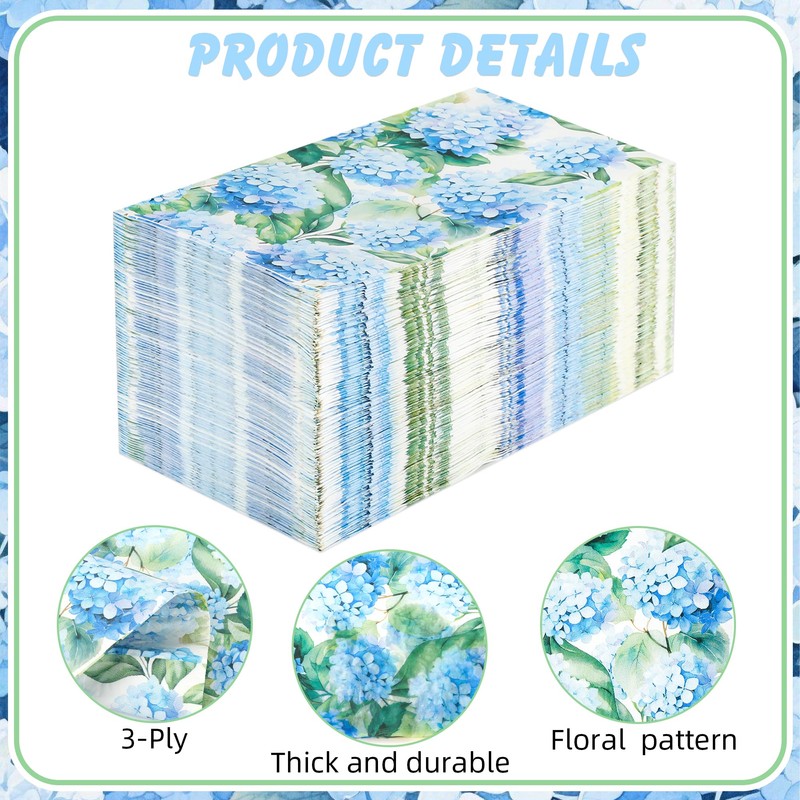 100 Pcs Hydrangea Floral Paper Guest Napkins Blue Flowers Napkin