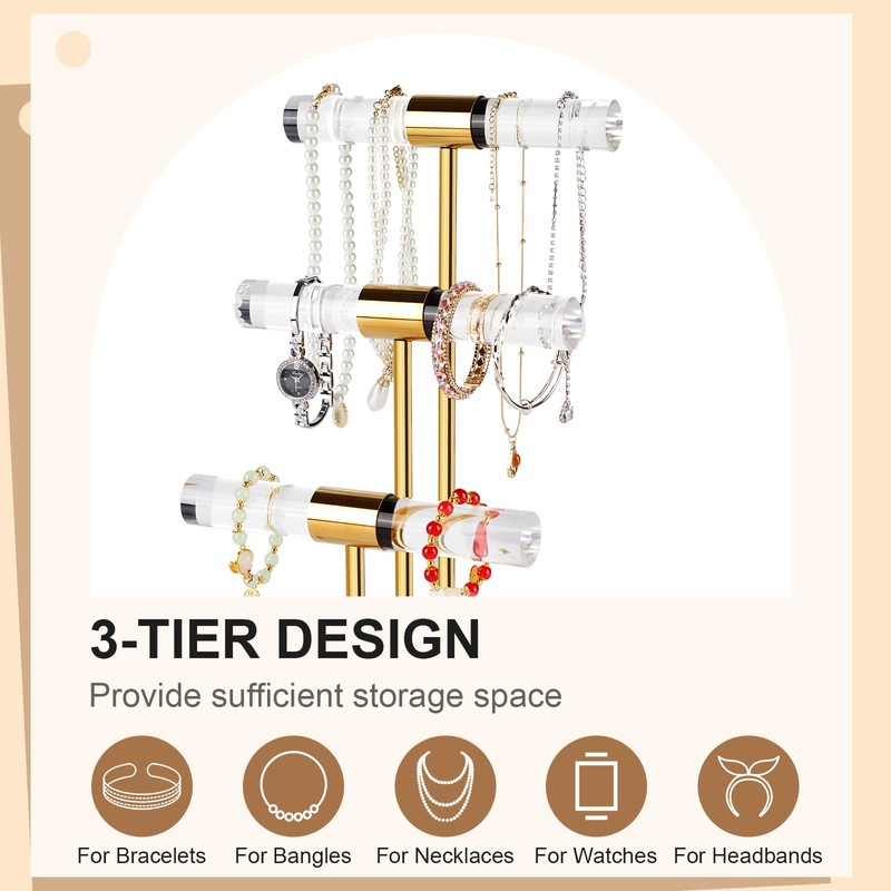 Jolboldy 3-Tier Necklace Holder Bracelet Holder, Gold Acrylic Jewelry Display