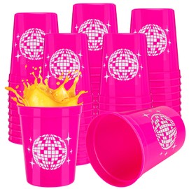 Fingertip WD 50PCS 16 oz Disco Cups Plastic Bachelorette Party Cups Disco Ball Drink Cups Reusable Stadium Cups for Bride Bridal Shower 70s 80s 90s Party Birthday Supplies (Rose Red)