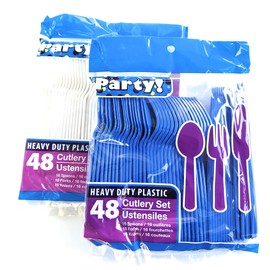 Blue & White Team Colors Disposable Silverware Collection - 96 Piece Plastic Cutlery Set - 32 Spoons, 32 Forks, 32 Knives - 2 Packs of 48 Pieces in One Safety-Sealed Pack